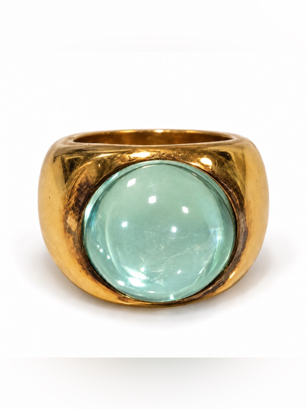 Vintage Lalique Aqua Green Crystal Cabochon 18K Gold Plated Ring Size 5.5 Y2K